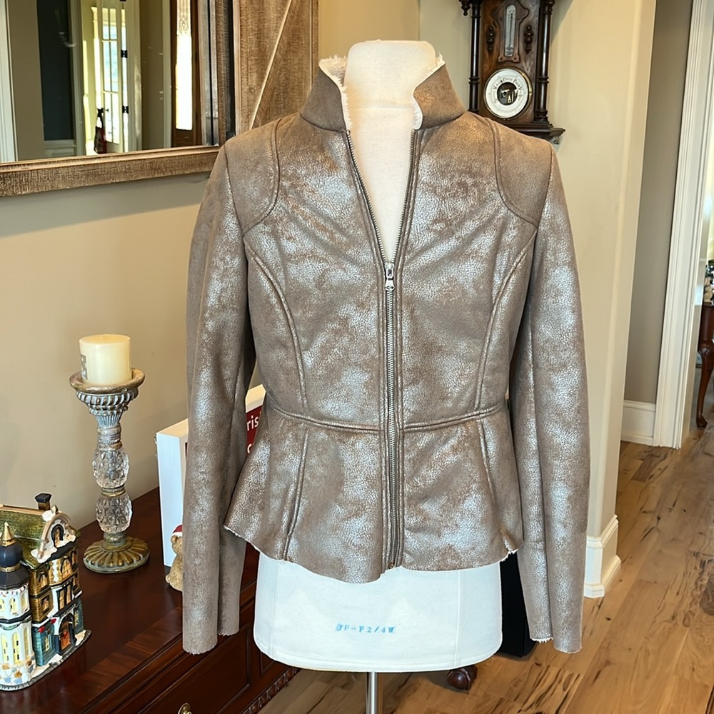 Rampage Metallic Taupe Bomber Jacket Faux Suede Fleece Lined Womens Small Moto